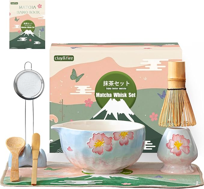 Clay&Fire Matcha Whisk set, 9 pcs Handcrafted Matcha Set for Beginner | Matcha Bowl with Spout and Whisk, Matcha Tea Kit for Matcha Lovers, Ideal Gift for Friend(Cherry Pink)