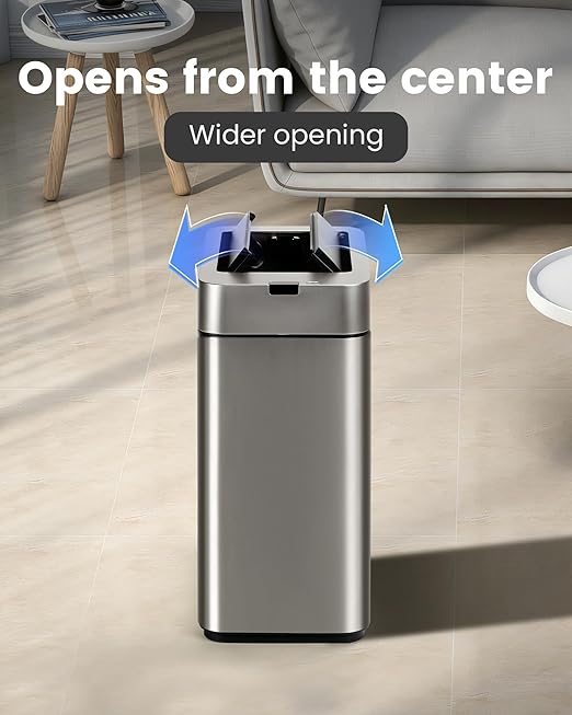 ELPHECO Slim Bathroom Trash Can with Lid 2.6 Gallon Smart Trash Can Silver | Motion Sensor Butterfly Lid Garbage Can Automatic Stainless Steel Wastebasket Bathroom Decor for Bedroom Office Toilet