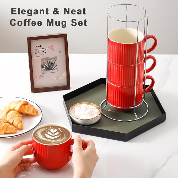 HASENSE Red Coffee Mugs, 15 oz Stackable Coffee Cups Set of 4 with Rack - Ceramic Large Ribbed Modern Latte Cup Set for Cappuccino, Tea, Hot Cocoa, Drinks - Dishwasher & Microwave Safe