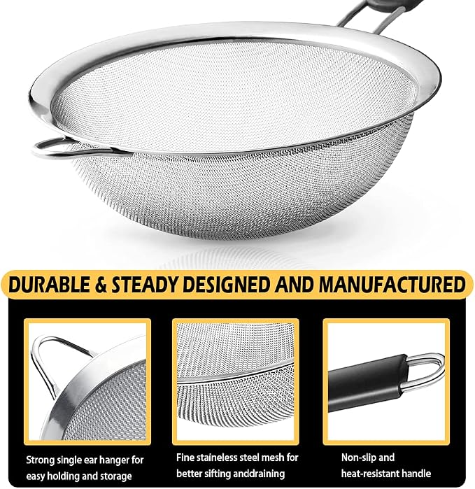 Stainless Steel Fine Mesh Strainers, Set of 3 Sizes Strainer for Kitchen, Wire Sieve with Insulated Handle Kitchen Strainer, Baking Tools Colander, Food Preparation, Flour Sifter, Rice, Pasta Strainer
