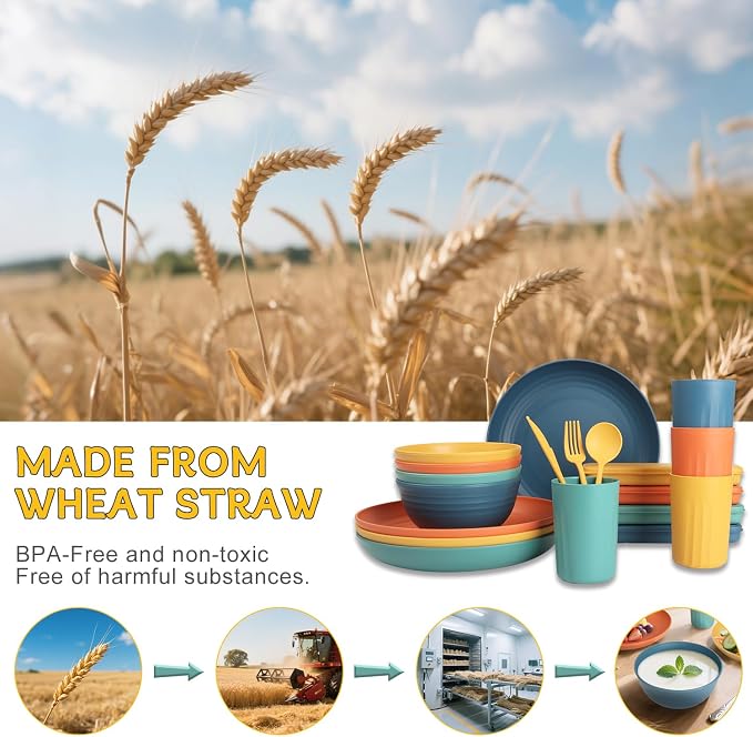 PYRMONT Wheat Straw Dinnerware Sets Unbreakable Dish Set for 4 Dishwasher & Microwave Safe Plates and Bowls Sets 28 PCS Alternative Plastic Dishes Set for Camping,Picnic,BBQ-Colorful