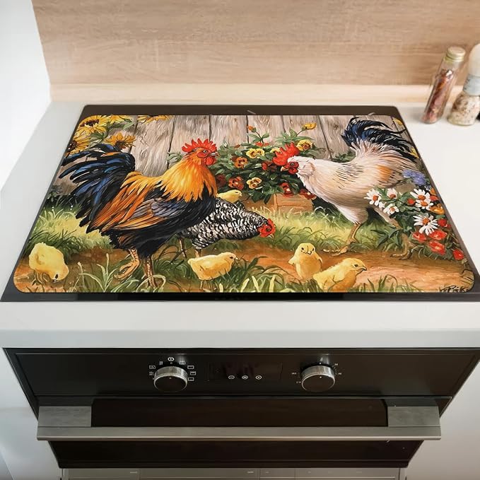 Rooster Stove Top Cover for Electric Stoves,Sumflowers Farmhouse Glass Stove Top Cover for Kitchen Decor,Heat Resistant Cooktop Protector Mat,Non-Slip Washable Dish Drying Mat 28"x20"