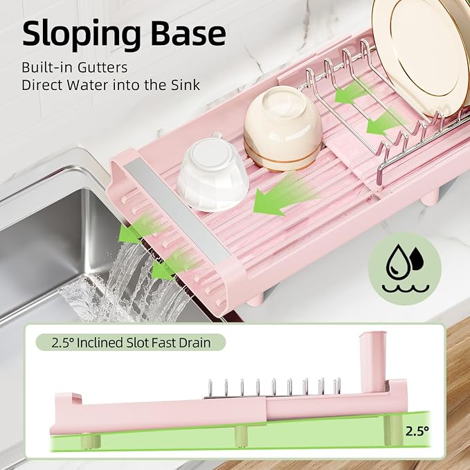 TOOLF Small Dish Drying Rack, Expandable and Space-Saving, Pink | Mini Dish racks for kitchen counter, Compact Design Fits Sink or Counter, Stainless Steel Plate Rack, 11"-19.3"L×7.7"W×3.54"H