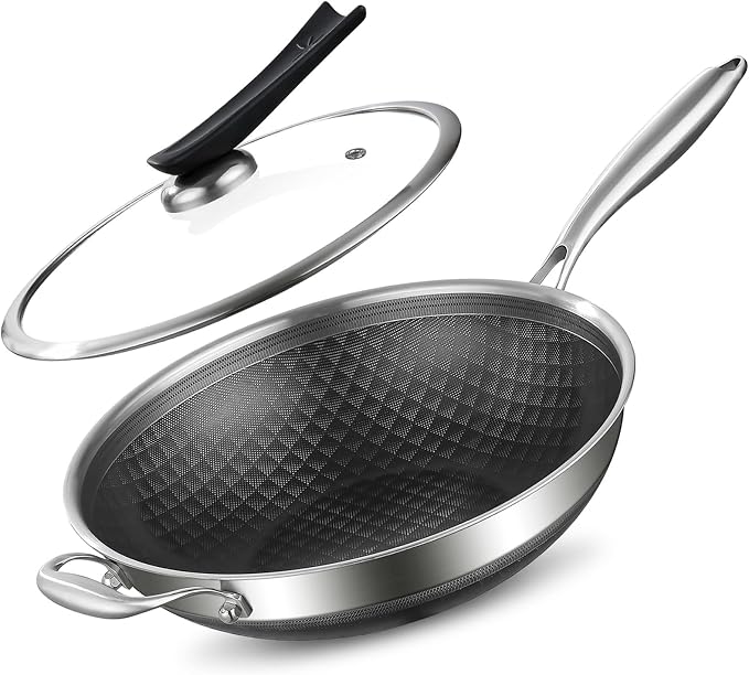 DELARLO 12-Inch Tri-Ply Stainless Steel Nonstick Wok with Lid, Induction | Tri-ply wok heats evenly, works with induction, and is dishwasher and oven safe up to 650°F for versatile cooking.