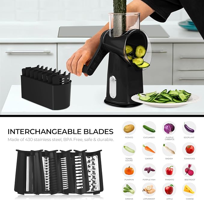 SUSTEAS Rotary Cheese Grater 5 Blades,Kitchen Mandoline Vegetable Slicer | Black, Easy to Clean, Strong Suction Base, 5 Blades Storage Box, Round Mandoline Slicer & Food Chopper for Salad