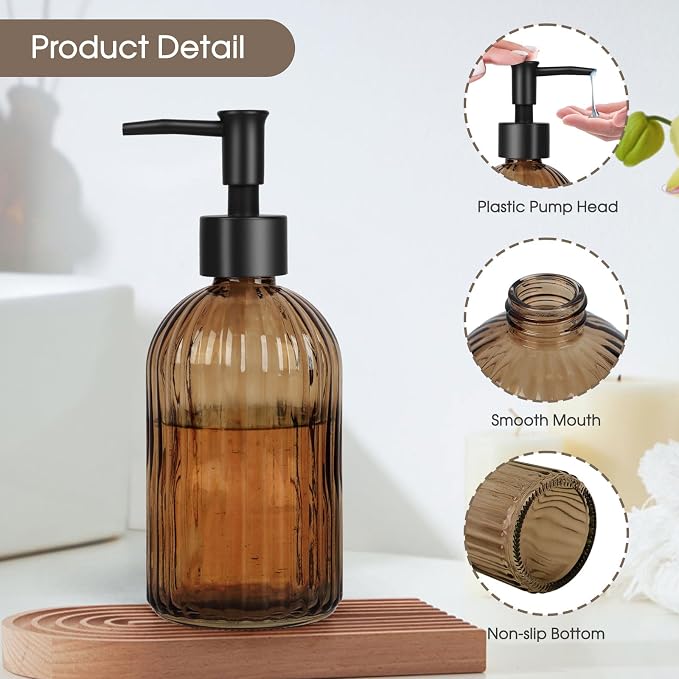 13.5oz Stripe Glass Soap Dispenser with Black Plastic Pump, 400ml Liquid Hand Soap Dispenser, Rustproof Pump for Kitchen & Bathroom, Great for Lotions, Essential Oil, Liquid Soaps-Amber