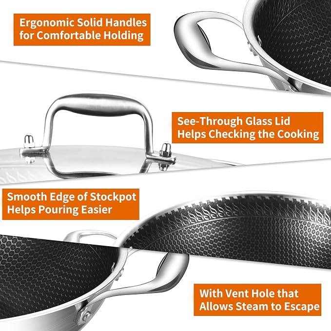 DELARLO 12 Inch Tri-Ply Stainless Steel Nonstick Wok Pan with Lid 5Qt Pot | Deep 5-quart wok heats quickly and evenly, is oven safe to 600°F, and works on induction, gas, electric and ceramic cooktops.