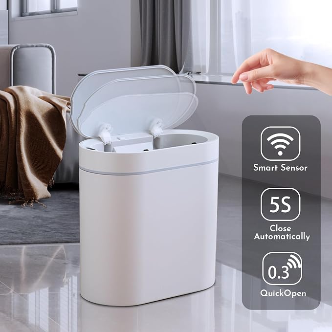 SYNCVIBE Bathroom Trash Can with Lid, 2 Gallon Slim Smart Garbage Can White | Motion Sensor Wastebasket, Narrow Automatic Plastic Trash Bin for Bedroom, Living room, Toilet, Office