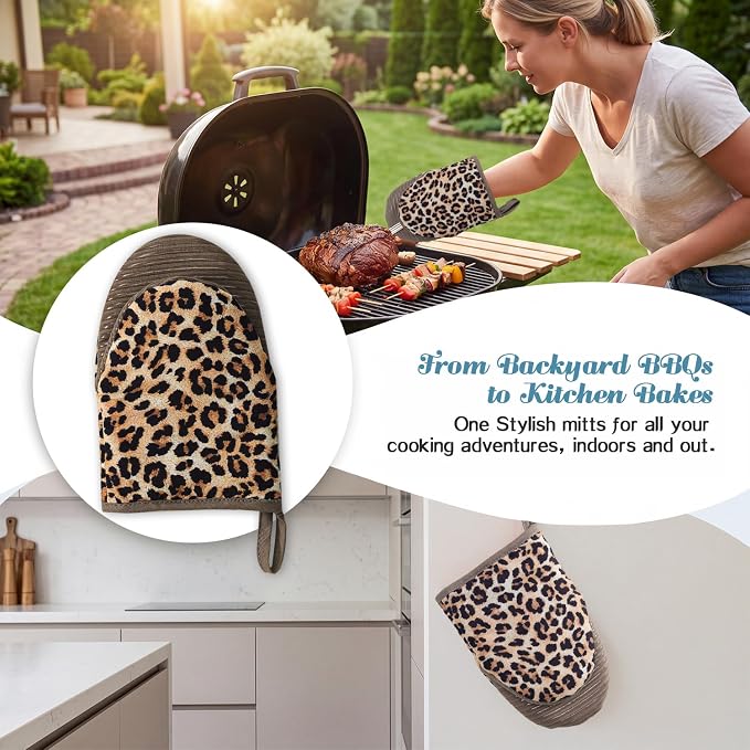 Ribbed Mini Oven Mitts 2-Pack Set, 5.5"x8.5", Leopard Printed, Heavy Duty Cotton, Non-Slip Heat Resistant Soft Silicone Oven Mitts with Hanging Loop for Cooking Kitchen Decor