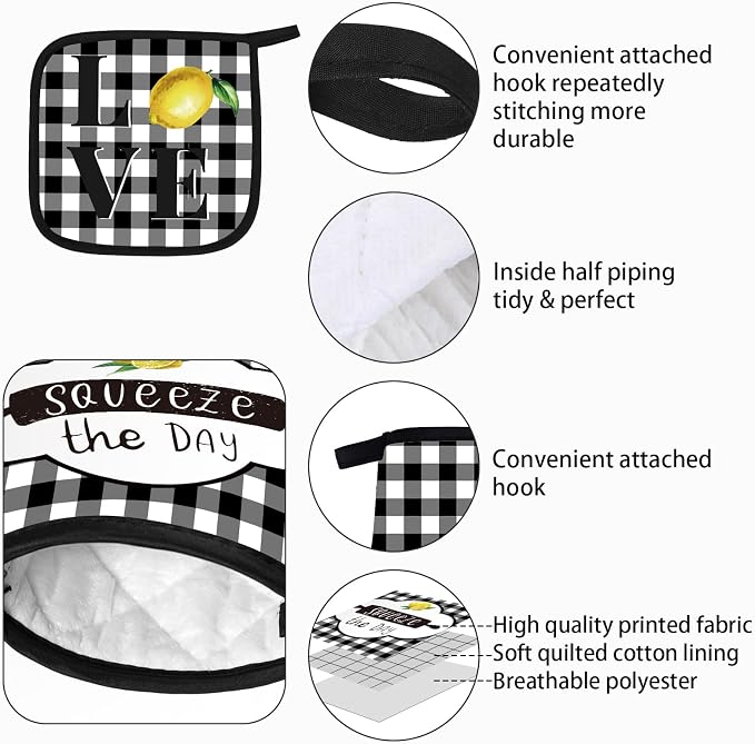 5 Pcs Buffalo Plaid Kitchen Towels Oven Mitts and Pot Holder Set,Lemon | Lemon Checkered Kitchen Decor, Black and White Kitchen Towels Oven Gloves, Lemon Farm House Accessories Decor, High Quality