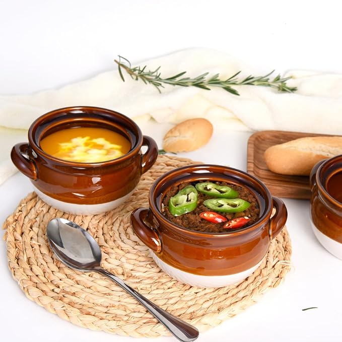Vumdua French Onion Soup Bowls with Handles, 22 oz Ceramic French Onion Soup Crocks Oven Proof for Chilli, Cereal, Pot Pies - Oven, Broil & Dishwasher Safe, Set of 4