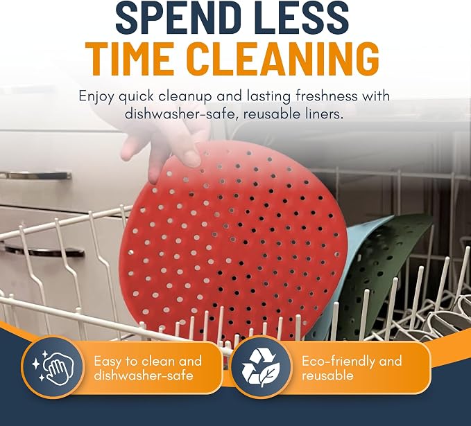Reusable Round Silicone Air Fryer Liners (9 Inch, 3 Pack) by Linda’s Essentials - Non-Stick, Easy-Clean Accessories with Cheat Sheet & Recipe Book, Perfect for Quick Meals