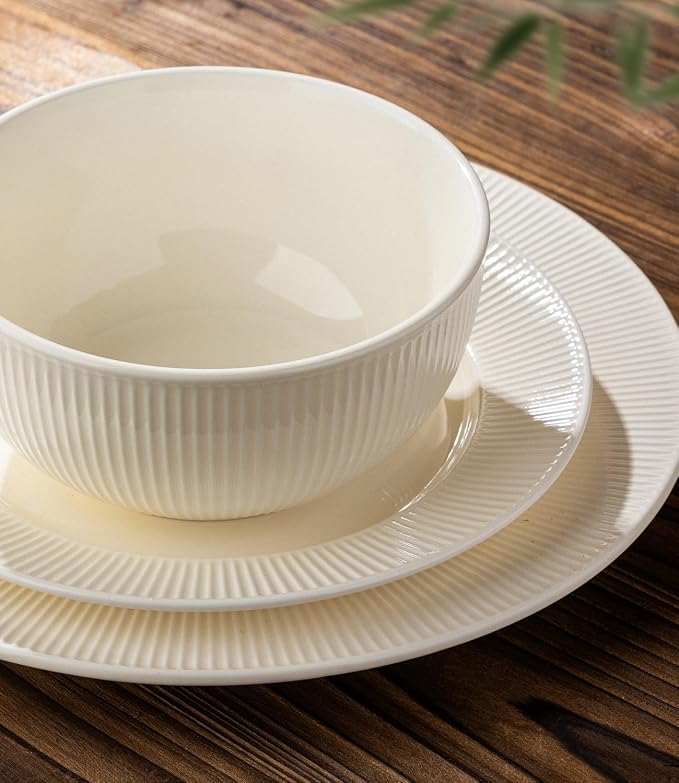 Ceramic Dinnerware Set for 4, 12-Piece Plates and Bowls Set | Lightweight Porcelain Dish Set, Scratch Resistant, Oven & Microwave & Dishwasher Safe, Ivory