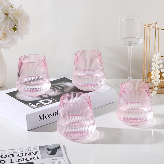 BESTSTAR 36 Pcs 12 oz Plastic Pink Ribbed Wine Glasses,Origami Ripple Glass | Disposable Champagne Glasses Elegant Whiskey Glasses Ideal for Weddings, Bars, Christmas, Halloween, Pool Party, Daily Use