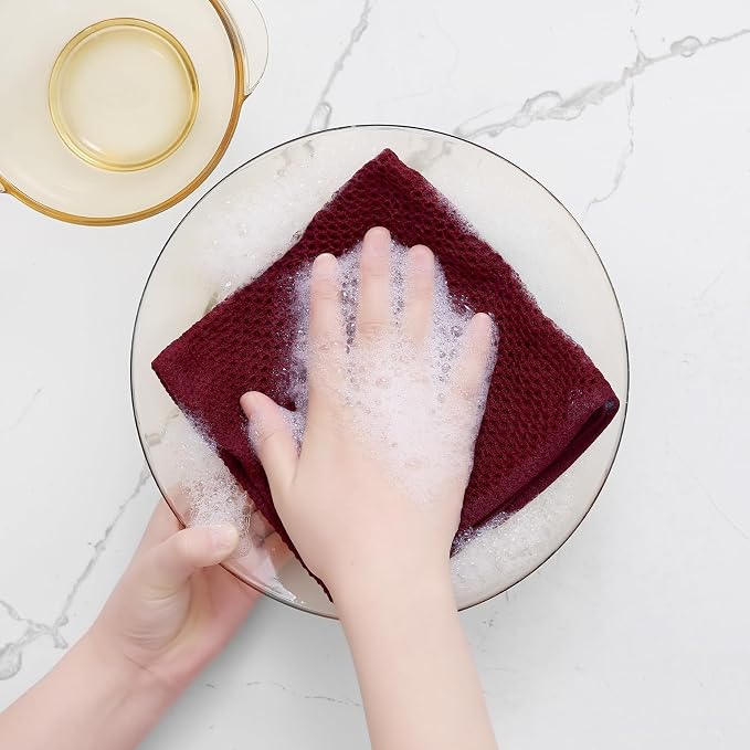 Homaxy 100% Cotton Waffle Weave Kitchen Dish Cloths 24-Pack, Burgundy | 12 x 12 Inches, Ultra Soft Absorbent Dish Towels, Quick Drying Dish Rags with Hanging Loop