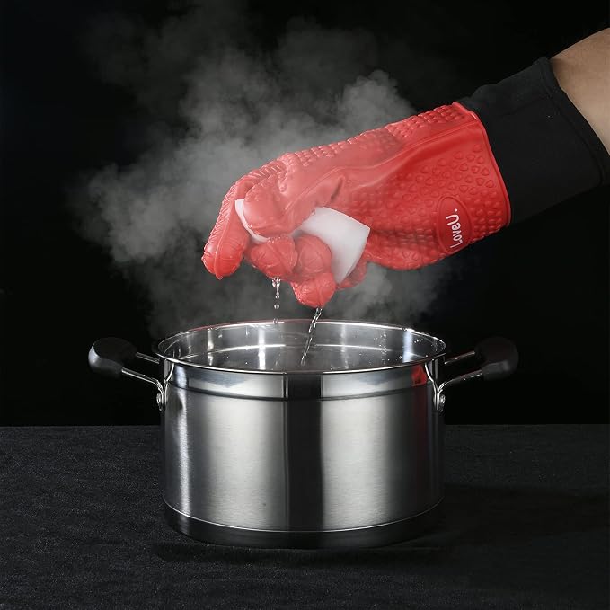 Silicone Oven Mitts Gloves - Heat Resistant, Non-Slip for BBQ, Grilling | 450°F Double-Layer｜Waterproof Kitchen Cooking Barbecue Mittens ｜5 Finger Hot Mitt for Baking, Smoker& Cast Iron(One Size)