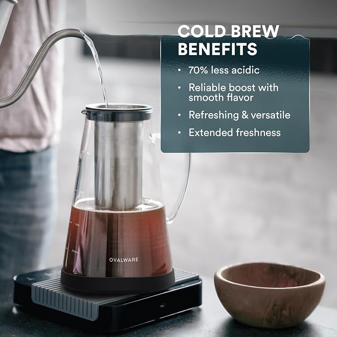 OVALWARE Airtight Cold Brew Coffee Maker with Tea Infuser & Spout 1.0L/34oz | Borosilicate Cold Brew Coffee & Iced Tea Maker with Removable Strainer & Spout | Ideal for Home Baristas & Tea Enthusiasts