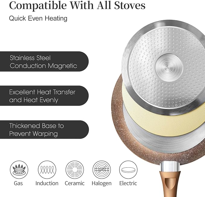 Innerwell Nonstick Ceramic Frying Pans Skillets Set 8"+9.5"+11" | No Toxic Egg Omelette Frying Pan Set, All Stove Compatible, Healthy Granite Induction Cooking Pan, PFOA & PFAS Free, Gold