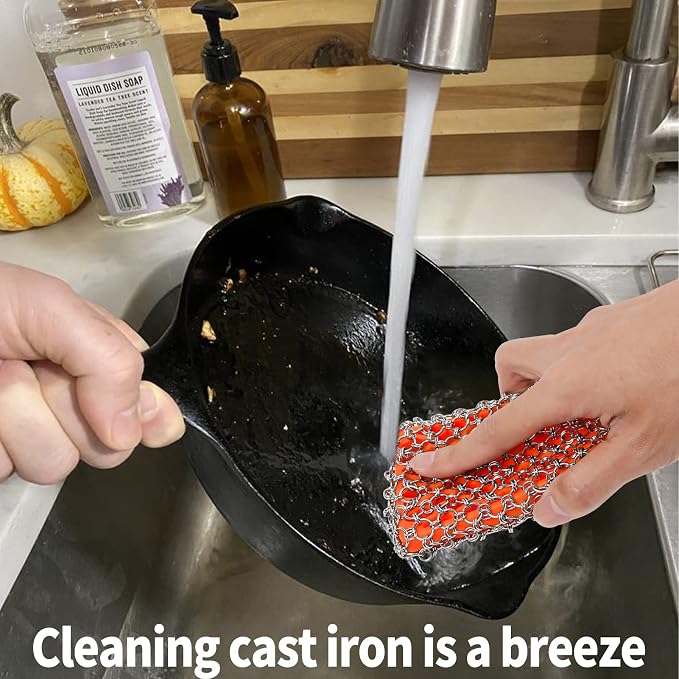 Herda 316L Cast Iron Scrubber Cleaner, Large Cast Iron Chain Mail Scrubber - Chainmail Scrubber Sponge - Metal Skillet Scrubbing, Wok, Dutch Oven Cleaning Kit-Detachable