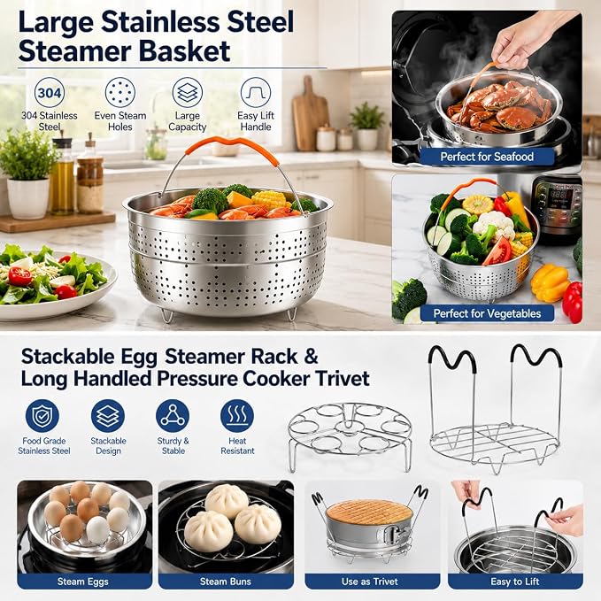 Accessories for Instant Pot, 73 PCS Accessories for Pressure Cooker for 5/6/8 Qt Electric Pressure Cooker -2 Steamer Baskets, Steamer Rack, Non-stick Springform Pan, Egg Rack