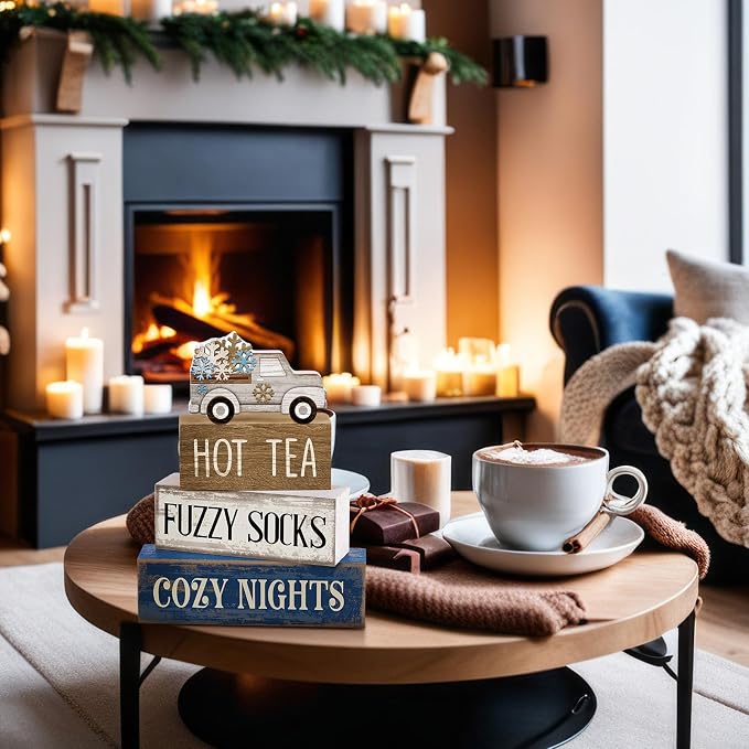 Lineshading 4 Pcs Snowflake Truck Tiered Tray Decor Wooden Block Signs | Rustic Farmhouse Style, HOT TEA FUZZY SOCKS COZY NIGHTS Text, Winter Seasonal Home Accents for Shelves Mantels Tabletops