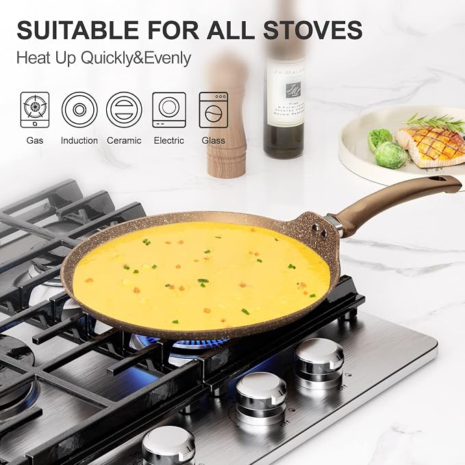 Innerwell 10 Inch Nonstick Crepe Pan,Granite Coated Pancake Pan-Gold | Granite nonstick coating, PFOA-free.Works on gas, electric, ceramic & induction. Easy-release & easy-clean.