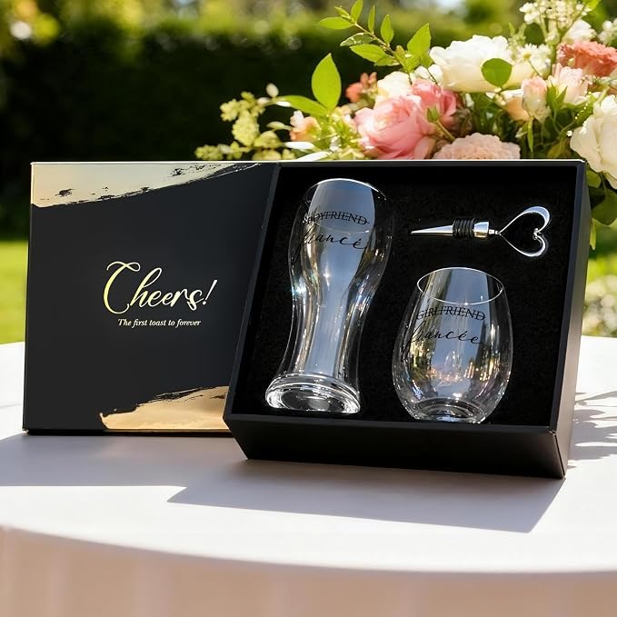 AW BRIDAL Fiance Wine Glasses and Beer Mug Set with Wine Stopper for Couple | Engagement Gifts for Women, Newly Wed Gift for the Couple 2026, Engaged Wine Glasses for Bride to Be, Fiance Fiancee Gift