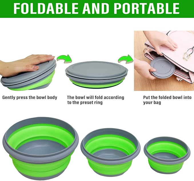 Collapsible Bowls, 3pcs Food Grade Silicone Camping Bowl Salad Bowl with lids, Portable Expandable Lunch Box Food Storage Container for Camping Travel and Picnic,Green
