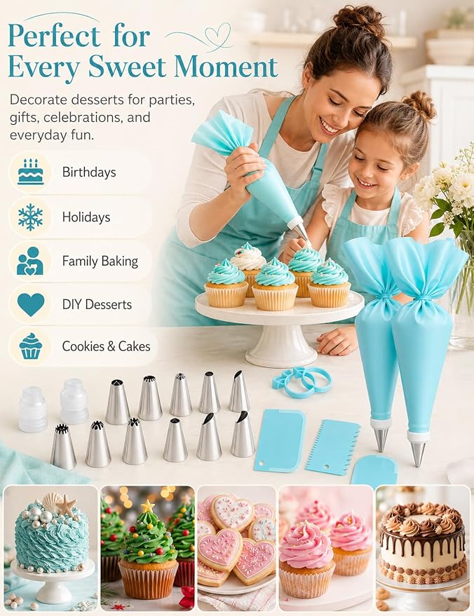 Reusable Piping Bags and Tips Set, 21-Piece Cake and Cupcake Decorating Kit | Reusable piping bags pair with 12 icing tips, couplers and scrapers for precise frosting and easy cake or cupcake decorating.