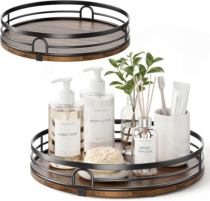 2 Pack 10" 12" Lazy Susan Turntable Organizer for Table Top | Round Wooden Lazy Susan for Cabinet, Countertop, Pantry, Spice, Kitchen, Bathroom Vanity, Coffee, Home Decor