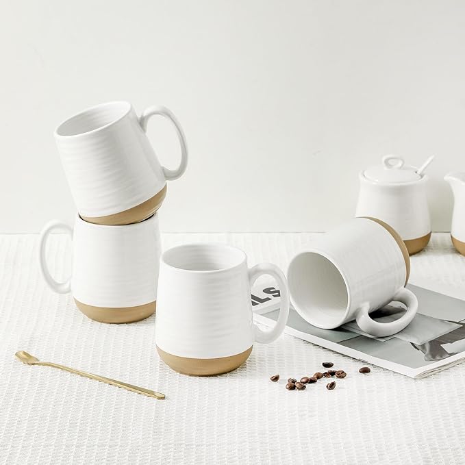 HASENSE Coffee Mugs Set of 4, 15oz Ceramic Coffee Cups with Handle, Two-Tone Design for Cappuccino Latte Tea, Large Microwave Dishwasher SafeMug Set, Housewarming Gift, Creamy White