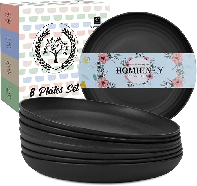 Wheat Straw Plates Set - 11 inch Reusable Large Dinner Plates Set of 8, Lightweight Unbreakable Salad Plates, Microwave and Dishwasher Safe Plates, Deep Plates for Dinner, Camping - Black