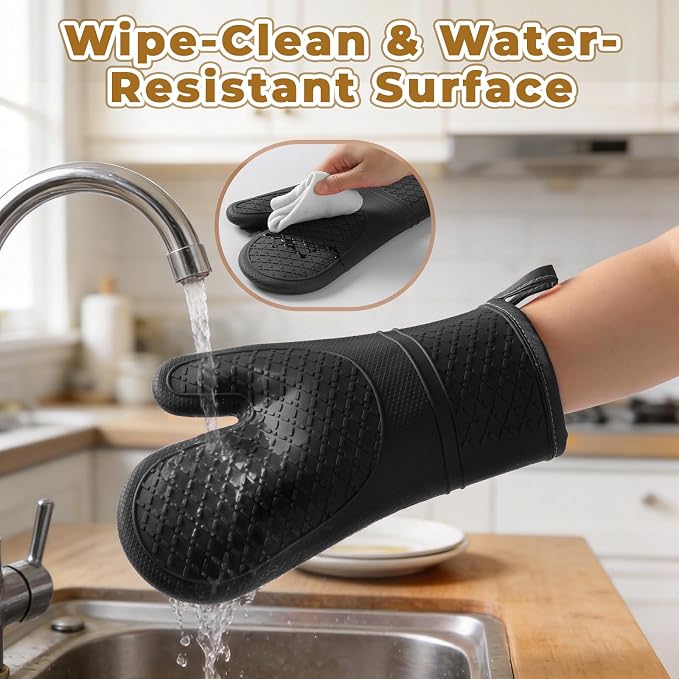 Heat Resistant Silicone Oven Mitts, Up to 500°F Protection for Baking & Grilling, 1 Pair (Black, Standard Thickness)