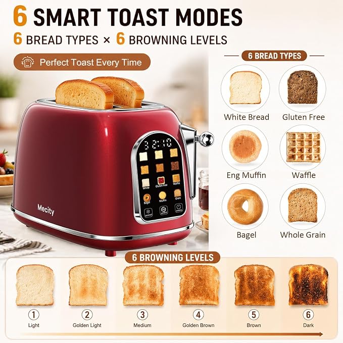 Mecity Toaster 2 Slice, Touch Screen Wide Slot Retro Toaster For Breads Bagel Muffin Waffle, House Warming Gift New Home, 120V 825W, Red Pearl