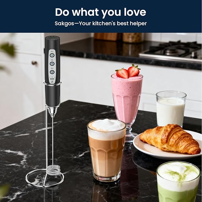 Milk Frother Wand Rechargeable Handheld Electric Whisk 3 Speed Adjustable | Coffee Frother Wand with 3 Stainless Whisks Electric Foam Maker Drink Mixer Blender for Latte Cappuccino Matcha Egg
