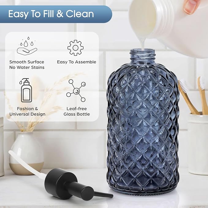 Topsky Gem Glass Soap Dispenser with Black Plastic Pump, 13oz Liquid Hand Soap Dispenser, Rustproof Pump for Kitchen & Bathroom, Great for Lotions, Essential Oil, Liquid Soaps-Grayish Blue