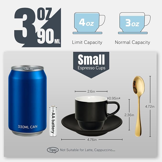 Lareina Porcelain 3-Ounce Espresso Cups Set of 6, Small Stackable Coffee Cups with Saucers, Spoons and Metal Stand - Ceramic Demitasse Mugs, Double Shots Expresso Cup, Matte Black