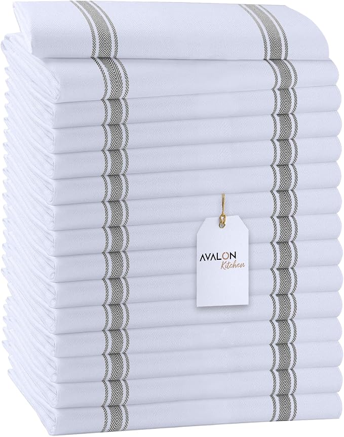 Dish Towels 15 Pack Grey Stripe 100% Cotton Kitchen Towel 15x25 Inch Tea Towels, Dish Cloths for Washing Dishes, Kitchen Rags for Drying Dishes