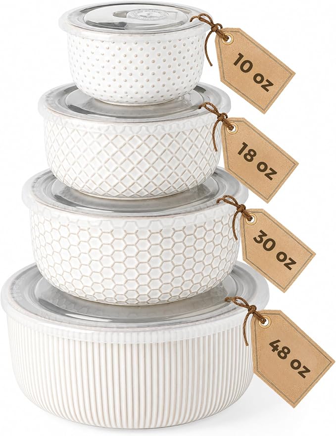 GBhome Ceramic Mixing Bowls Set of 4, Stoneware Nesting Serving Bowls | 48/30/18/10 oz For Prep, Baking, Serving, Gift, Microwave and Dishwasher Safe, Embossed Dishware Collection-Off White