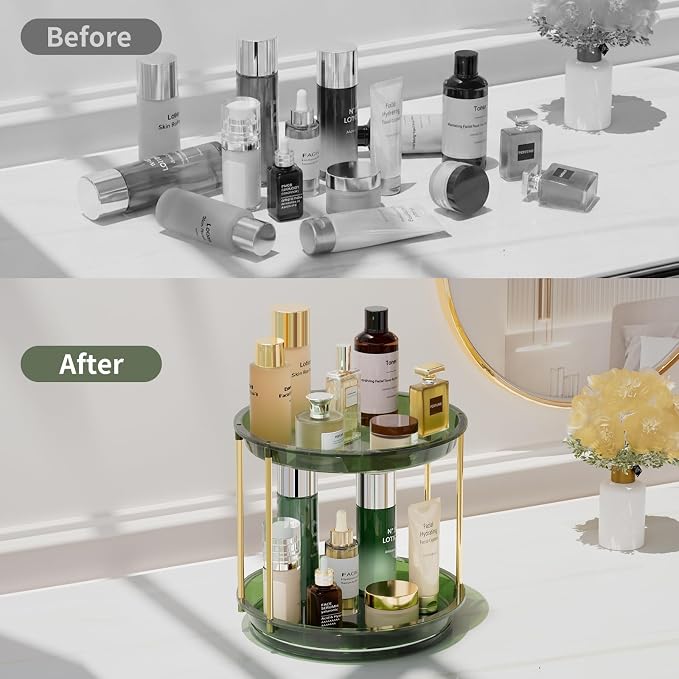 Rotating Makeup Organizer, Perfume Skincare Holder, 2 Tier 9 Inch, Green | 360° Smooth Spinning Vanity Tray, Large Capacity, Space-Saving Cosmetics Storage for Bathroom Countertop, Dresser