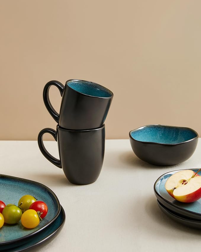 Pokini Coffee Mug 15 oz, Ceramic Coffee Mugs Set of 4, Reactive Glaze Mug for Latte/Tea/Cappuccino/Milk, Irregular Large Mug Set for Men, Women, Dad, Mom, Dishwasher & Microwave Safe, Green Black