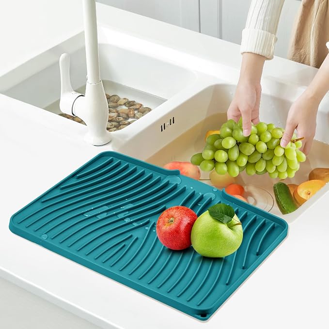 TIKNIK Silicone Dish Drying Mat for Kitchen Counter, Green-1pcs, 16" x 12" | Heat Resistant & Non-Slip Dish Drain Pad with Built-In Drain, Dishwasher Safe, Quick-Dry, Hangable & Roll-Up for Storage