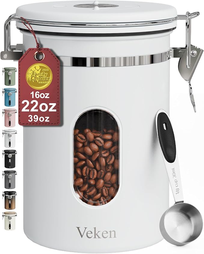 Veken Coffee Canister with Window, Airtight Stainless Steel Container, 22OZ | Date Tracker,Kitchen Food Storage Organizers for Beans, Ground, Espresso, Rice,Tea, Sugar,Cereal, Gifts,Lids,Jars,Scoop,White