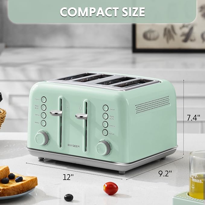 BUYDEEM DT640 4-Slice Toaster, 7 Shade Settings, Extra Wide 1.5’’ Slots for Bagel & English Muffin, 6 Toasting Functions, Retro Stainless Steel Toaster with High Lift Lever, 1800W, Green