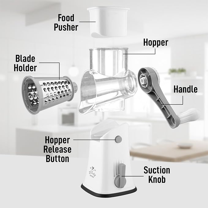 Zulay Kitchen Rotary Cheese Grater 5 Blade Cheese Shredder - Manual Hand Crank Cheese Grater With Reinforced Suction & 5 Interchangeable Drums - Easy to Use, Vegetable Chopper Round Mandoline Slicer