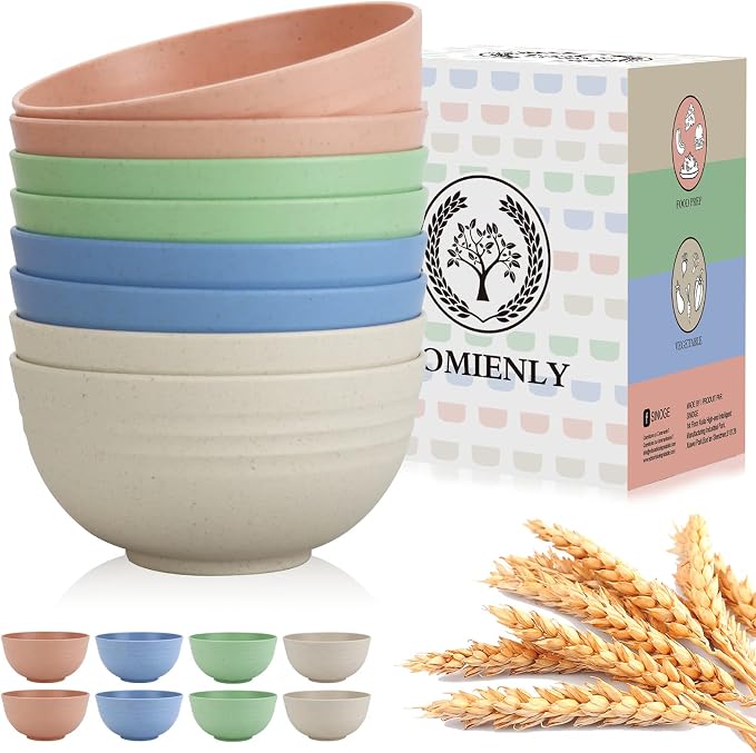 Wheat Straw Bowls, Unbreakable Cereal Bowls Microwave Safe, 8 PCS Lightweight Stackable Snack & Soup Bowls for Kitchen, Camping, Party, Dishwasher Safe Plastic Bowl Alternative (Light, 26oz)