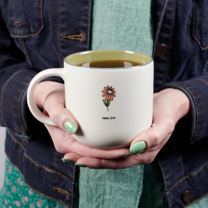 Christian Art Gifts Large Ceramic Coffee & Tea Mug for Women & Friends: Sweet Friendship - Proverbs 27:9 Scripture, Cute Microwave/Dishwasher Safe Floral Cup, Sage Green/White, 15 oz. (Pack of 2)