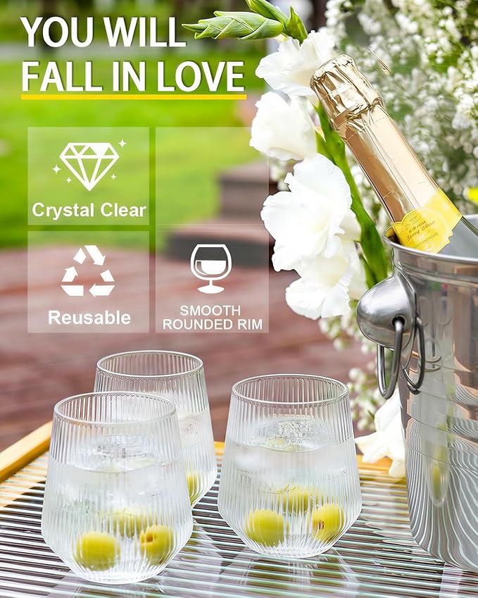 40 Pack Plastic Wine Glasses, 12 Oz Disposable Cocktail Whiskey Glasses | Ribbed Stemless Champagne Margarita Glasses, Clear Unbreakable Reusable Plastic Cups for Party Wedding Birthday