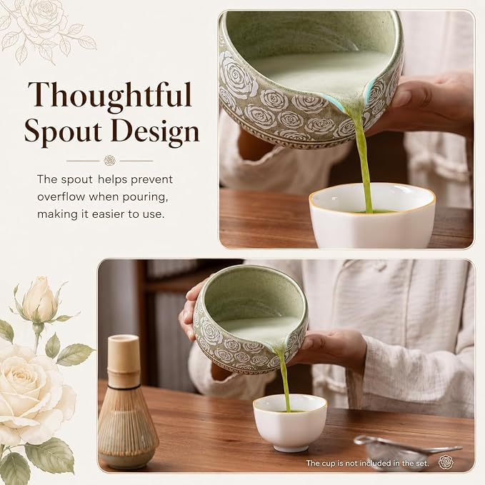 Matcha Whisk Set, 7-Pc Ceramic Matcha Bowl Kit, Bamboo Whisk,（Rose Green） | Buucup Matcha Making Set,Includes Matcha Bowl, Matcha Whisk and Holder, Bamboo Scoop, Scoop Rest, Sifter and Tea Towel