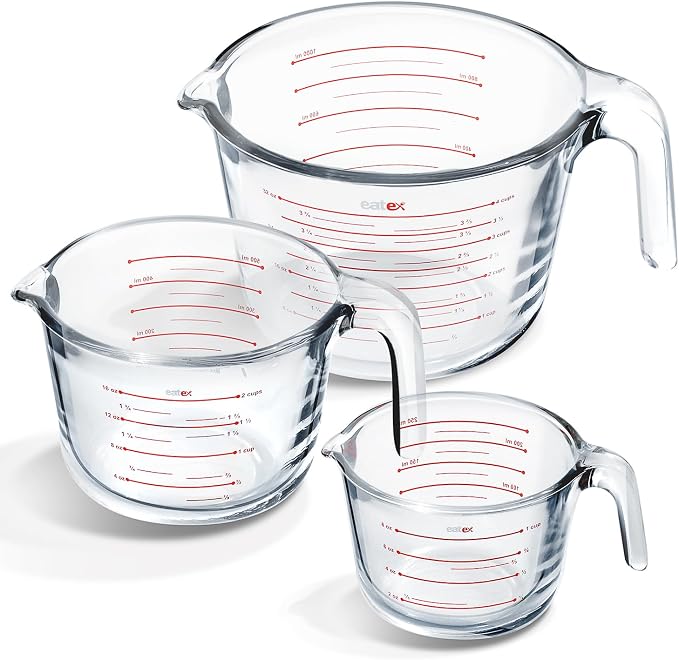 Eatex Glass Measuring Cups Set of 3 - Liquid Measuring Cups, Glass Measuring Cup Set - 1,2,4 Cup Measuring Cup - Dishwasher Oven, Microwave Safe Measure Cups